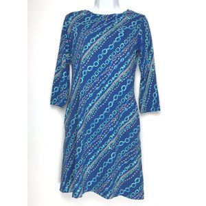 Barbara Gerwit Shift Dress Size S Blue  Chain Print 3/4 Sleeve With Pockets